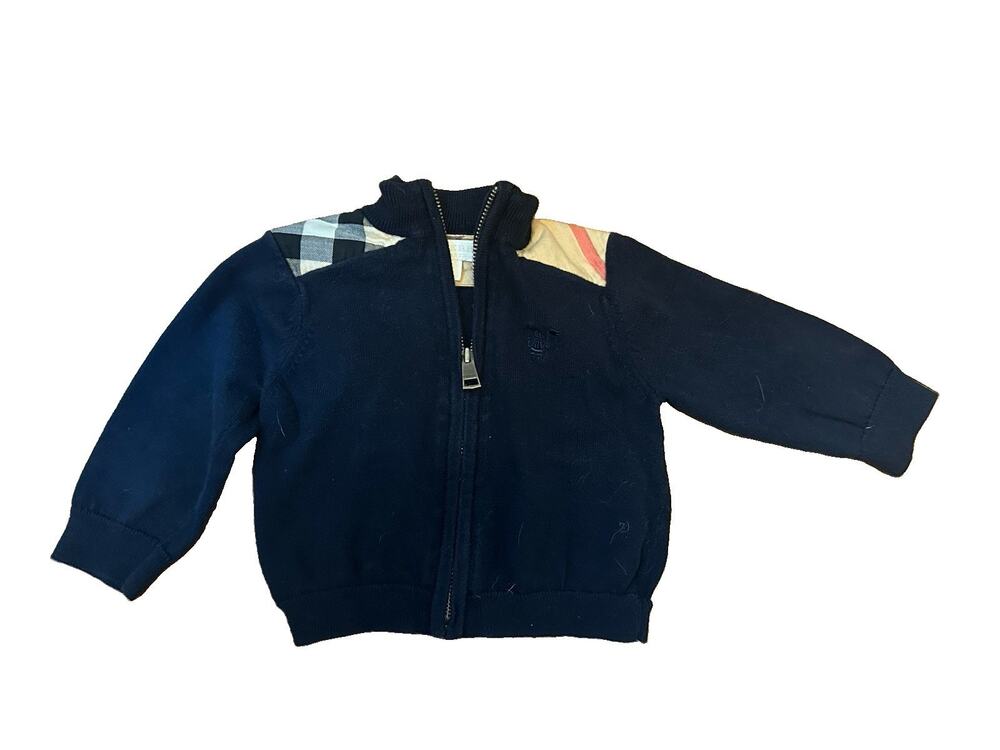 Burberry Children Navy Blue Vintage Check Shoulder Zip Cardigan Sz 0-3 Months